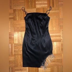 Lulus Strobe Lights Black Satin Rhinestone Fringe Mini Dress